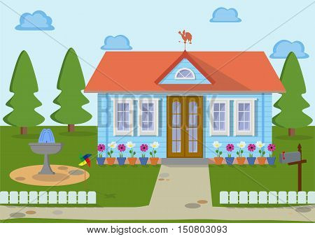Countryside family wooden eco house on the nature with weather vanes, green lawns, trees, fountain, and flowers. Architecture design elements.