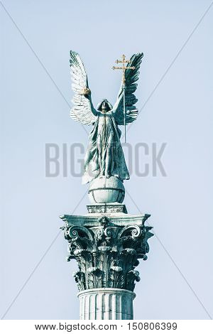 Close up photo of Millennium monument in Heroes square Budapest Hungary. Architectural element. Cultural heritage. Vertical composition.