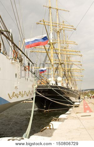 VARNA BULGARIA - OCTOBER 4 2016: Black Sea Tall Ships Regatta sailing ships from different countries on international regatta ship 