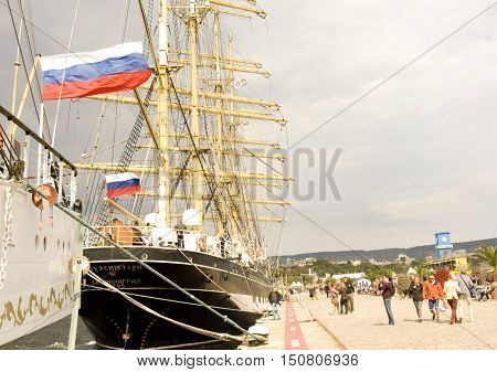 VARNA BULGARIA - OCTOBER 4 2016: Black Sea Tall Ships Regatta sailing ships from different countries on international regatta ship 