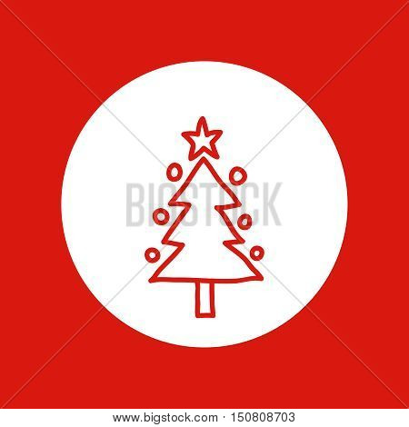 Hand drawn Christmas and New Year icon, design element, red line illustration isolated on white. Christmas tree with hanging ornaments and star topper