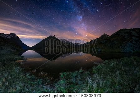 The Outstanding Beauty Of The Milky Way Arc And The Starry Sky Reflected On Lake At High Altitude On