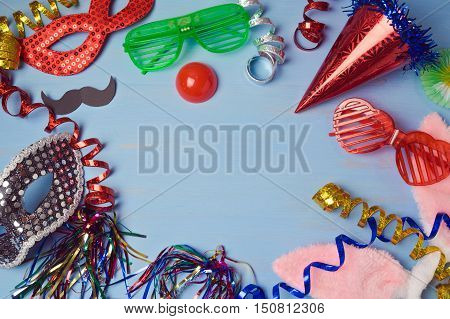 Canival background with mask costume and glasses. View from above