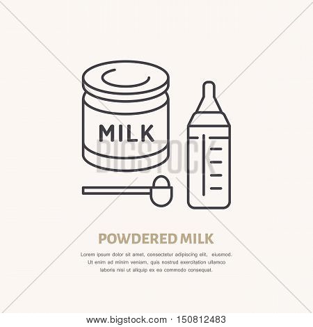 Modern vector line icon of powdered milk. Dry drink linear illustration. Outline baby food symbol. Powder milk in spoon baby bottle. Healthy formula sign dairy food.