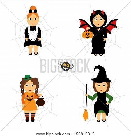 Girls in holiday costumes.Vector set of Halloween in cartoon style.