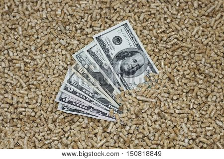 Wood pellets and money, dollars. The concept of savings when using eco-friendly materials.Recycling of waste production .Biofuels . The cat litter.