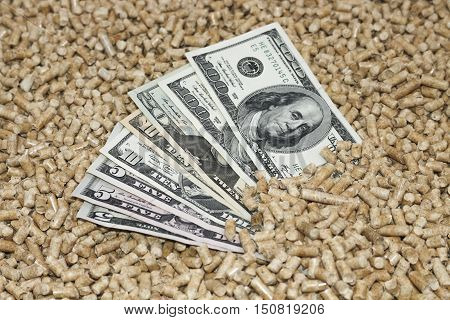 Wood pellets and money, dollars. The concept of savings when using eco-friendly materials.Recycling of waste production .Biofuels . The cat litter.