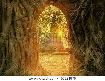 Unseen ThailandHistoric old city of Thailand Wat Phra Ngam AyutthayaThailand Flare light from the sun shines in the sunset