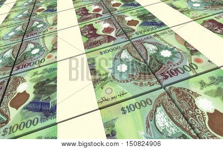 Brunei dollar bills stacks background. 3D illustration.