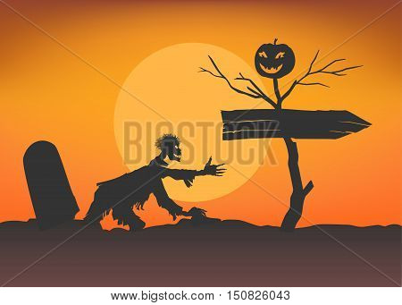 Zombie climbs from tomb towards the pointer and dead tree with smiling pumpkin. Moon background. Halloween template. Stock vector illustration.