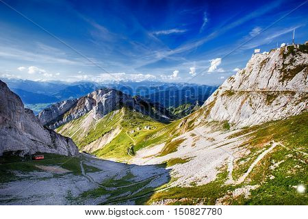 The steepest rack railway on the world in Swiss Alps Pilatus Lucerne