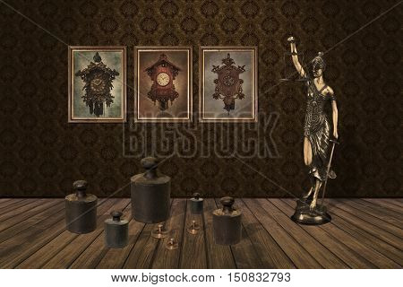 3D illustration shows weights standing below the pictures on which are displayed old clock next to the statue