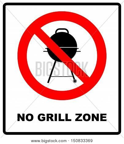 No grill zone symbol, No bbq allowed - ban sign. Vector warning banner for publc places, beaches, outdoors, parks, forestes. Exclamation point, general red prohibition circle isoolated on white.