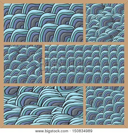 Six abstract blue doodles pattern with ellipse waves and shapes