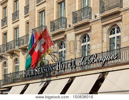 Geneva, Switzerland - 24 September, 2016: facade of the Four Seasons Hotel des Bergues building. Hotel des Bergues has been a landmark on Lake Geneva since 1834.