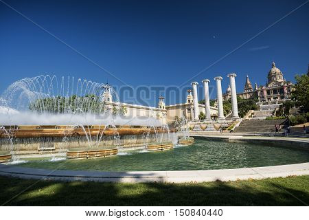 BARCELONA, SPAIN - JULY 12, 2016: Barcelona (Catalunya Spain): the hill of Montjuich and the Museum of Catalan Art and fountains