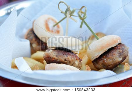 Close up photo of mini hamburgers with fries dish.