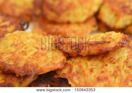 Close up of potato latkes for Hanukkah Jewish Holiday.