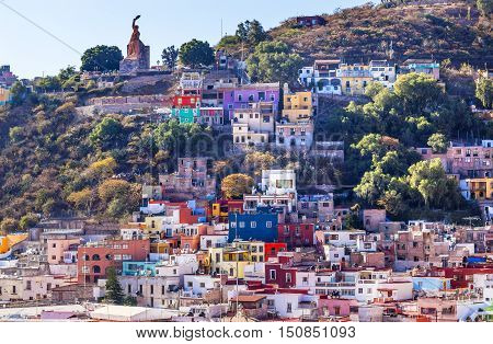 El Pipila Statue Many Colored Orange Blue Red Houses of Guanajuato Mexico. Hero in 1810 Mexican War of Independence