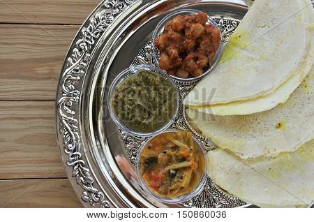 Flat Lay Of Indian Food, Masala Dosa With Sambar And Channa Masala