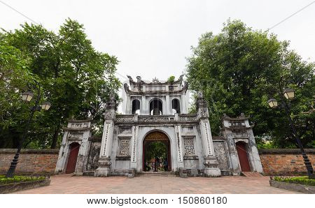 Hanoi Vietnam - September 20 2016: Wide angle of big gate of temple of literature or Van Mieu - Quoc Tu Giam which is the first university in Vietnam