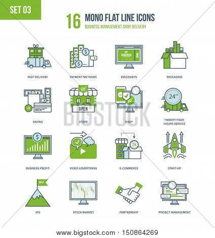 Color Flat Line icons set of stock market, business, discounts, e-commerce, project management and start up, shopping, delivery, payment methods, discounts, partnership, advertising Editable Stroke