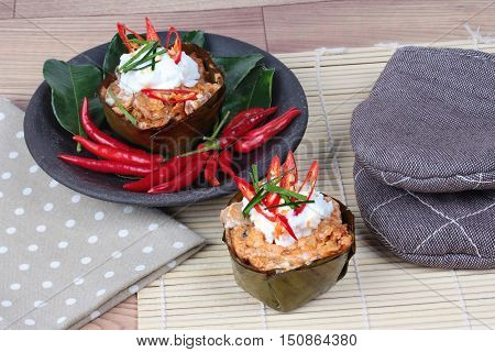Streamed vegetable curry in banana leaf cup call 