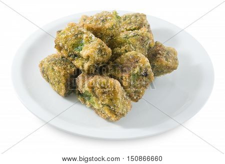Fried Chinese Pancake or Fried Steamed Dumpling Made of Garlic Chives Rice Flour and Tapioca Flour Isolated on White Background. Traditional Food of China.