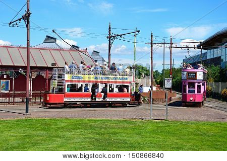 SEATON, UNITED KINGDOM - JULY 18, 2016 -View of Seaton Electric Tramway Trams outside the tram station Seaton Devon England UK Western Europe, July 18, 2016.