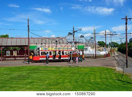 SEATON, UNITED KINGDOM - JULY 18, 2016 -View of a Seaton Electric Tramway Tram outside the tram station Seaton Devon England UK Western Europe, July 18, 2016.