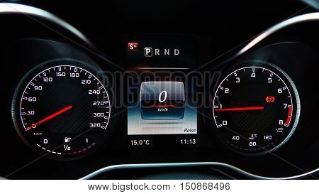 Modern car speedometer. Close up shot of the dashboard a car