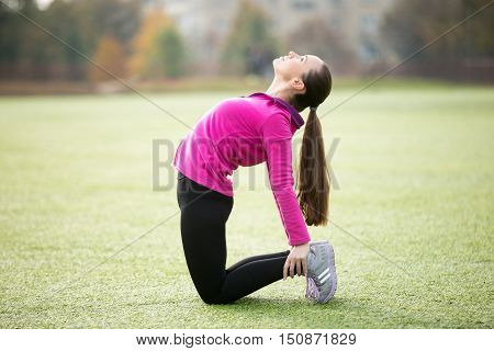 Sporty beautiful smiling young woman practicing yoga, doing Ushtrasana, Camel posture, working out outdoors on summer day wearing sportswear sweatshirt. Full length, side view
