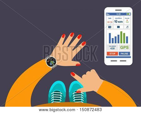 Smartwatch on a wrist. Fitness tracker application. Vector