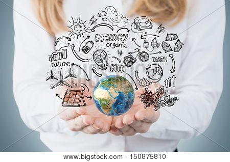 Close up of woman's hands holding globe surrounded by sketches of renewable energy sources. Concept of being responsible. Double exposure.
