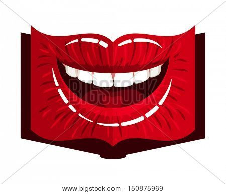 open book woman mouth with red makeup glossy lips and heart on tongue. Vector illustration.