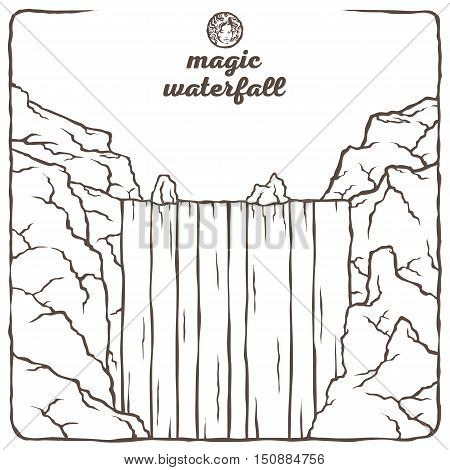 Vector isolated image of the contour of the waterfall. Mountain landscape in the background of nature and the sky. Water and stones. The magical beauty of nature.
