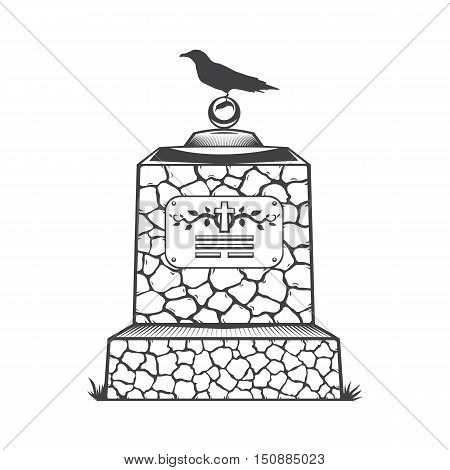 Vector isolated image of contour the grave gravestone monument depicting male profile. Headstone for print and web design funeral services. Burial and funeral . Crow, the raven