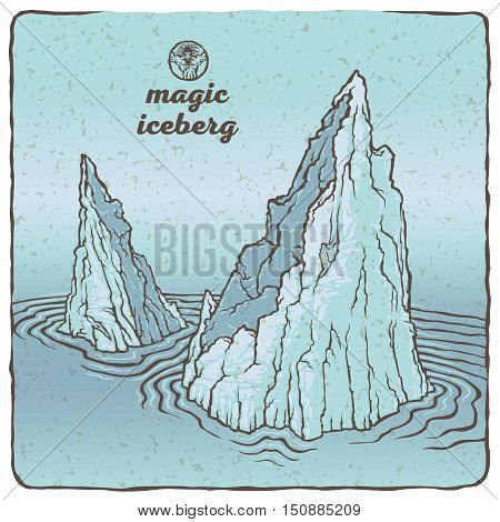 Vector isolated image of the contour of the iceberg. Northern landscape in the background of water and sky. Snow and ice. The magical beauty of nature. Cold ocean