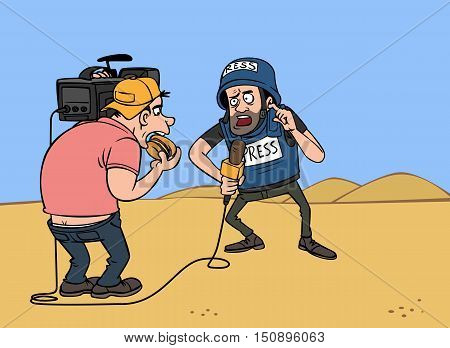 war journalist with a microphone and cameraman