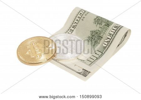 Golden and Silver bitcoin coins and one hundred dollar banknote isolated on white