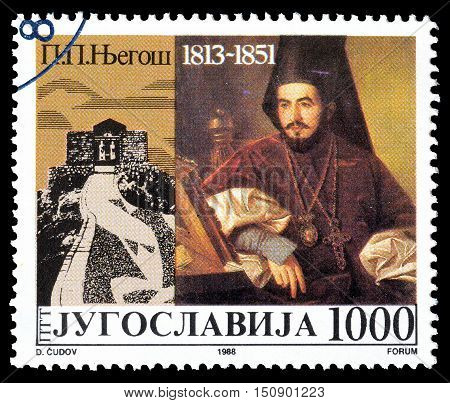YUGOSLAVIA - CIRCA 1988 : Cancelled postage stamp printed by Yugoslavia, that shows Petar Petrovic Njegos.