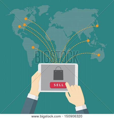 businessman holding tablet and use it to sell the product, digital marketing, e-commerce