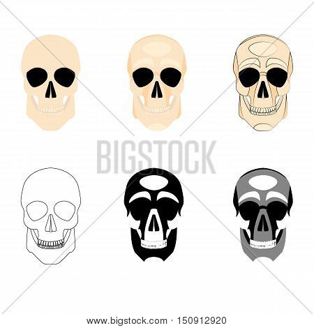 Collection icons human skulls logo in various styles, silhouette, line, color, simple, monochrome, medicine division at the skull bones isolated on a white background