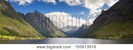 Panorama of the dramatic Hjorundfjord, Fjordland, Norway