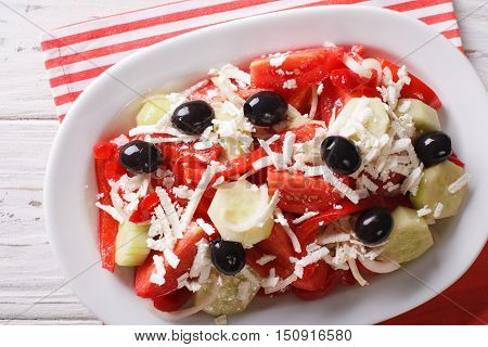 Shopska Salad From Fresh Vegetables With Feta Cheese Close-up. Horizontal Top View