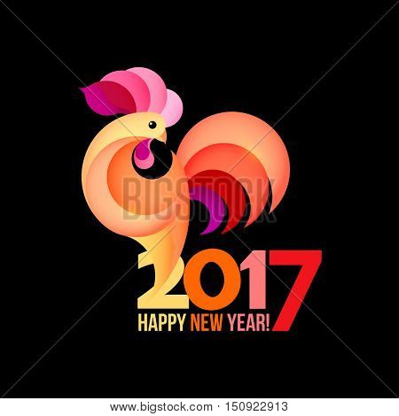 Colorful poster of a rooster isolated on black background. Good for prints, covers, posters, cards, gift design. Happy 2017 Chinese New Year card.