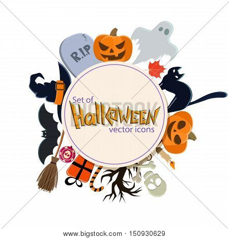 Circle shape template with Halloween icons for packaging cards posters menu. Vector stock illustration.