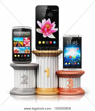 3D render illustration of the set of three different modern metal black glossy touchscreen smartphones or mobile phones with colorful application interface with color icons and buttons on pedestal with first, second and third places isolated on white