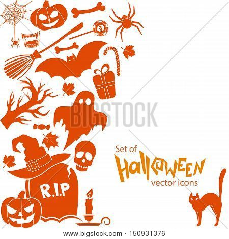 Side vertical border with Halloween icons. Template for packaging cards posters menu. Vector stock illustration.