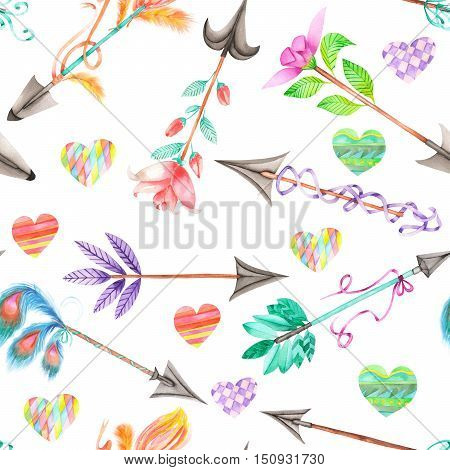 Seamless pattern of watercolor romantic arrows and hearts on a white background
